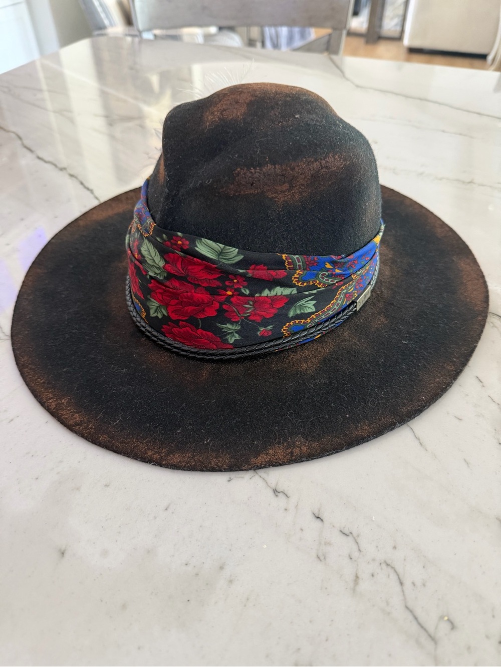Men's Distressed Black Felt Fedora with Floral Band